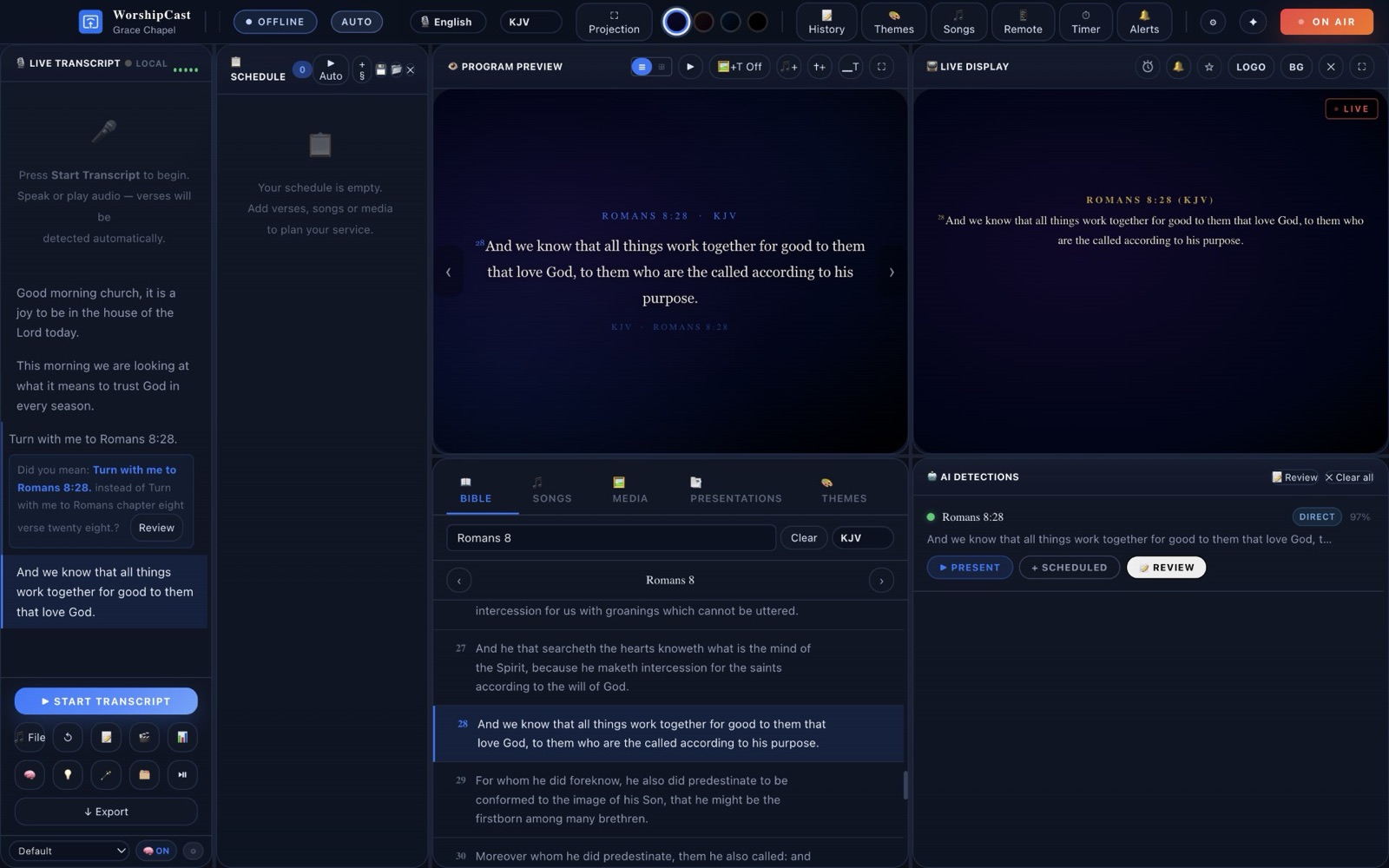 The WorshipCast window in Auto mode during a sermon: the live transcript on the left, and Romans 8:28 detected and put on screen automatically